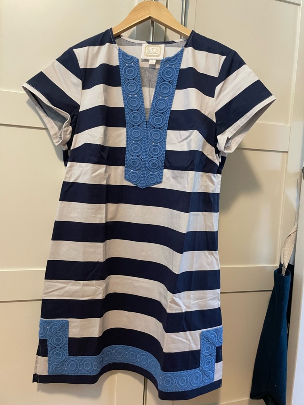 Sail to Sable Navy and White Striped Dress with Blue Trim